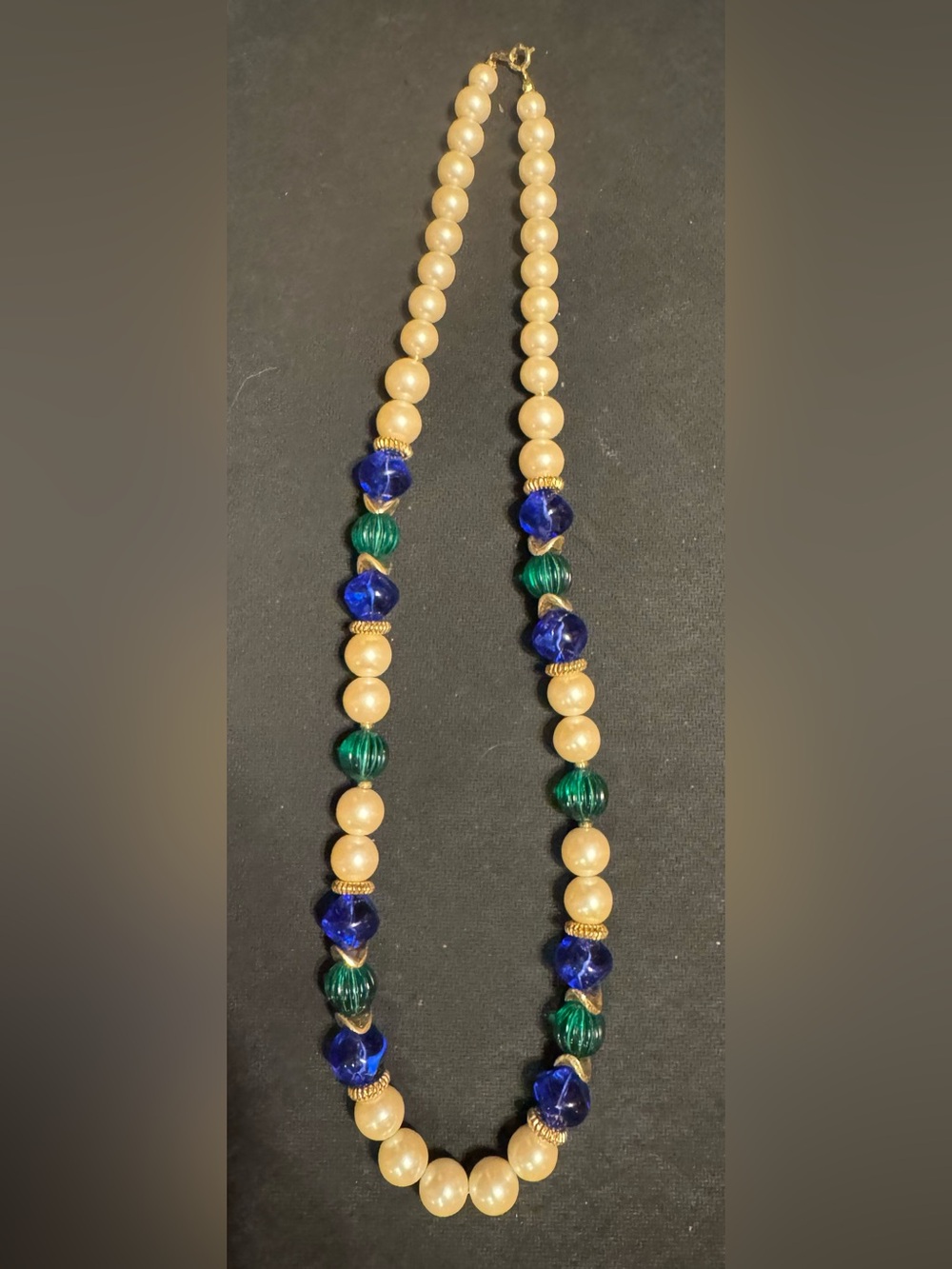 Vintage Faux Pearl & Green, Blue & Gold Beaded Necklace